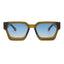Sunglasses with brown frame and blue gradient lenses on a white background