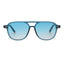 A pair of transparent blue frame sunglasses with blue lenses on a white background,