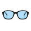 Black colour square frame sunglasses with blue lenses on white background.