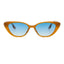 Cat-eye sunglasses with orange frame and blue gradient lenses on a white background