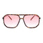 Sunglasses with tortoise print frame and pink lenses on a white background