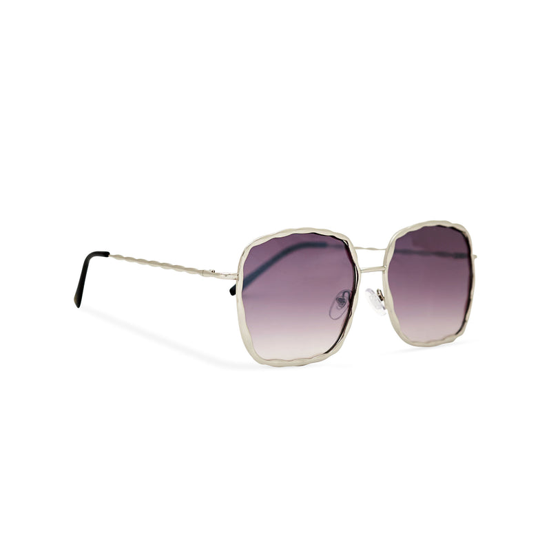 Side view of BESQUARED square embellished Ibiza sunglasses have a purple gradient lens and metal frame