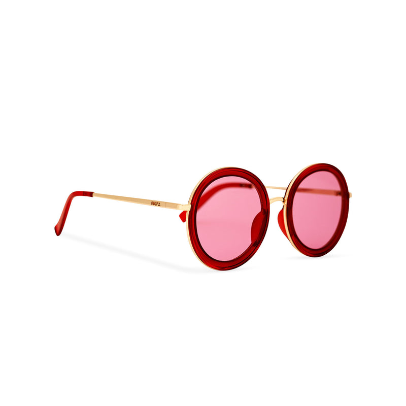 Side of view BUBBLE sunglasses by SOLFUL Ibiza, unisex big red round plastic design