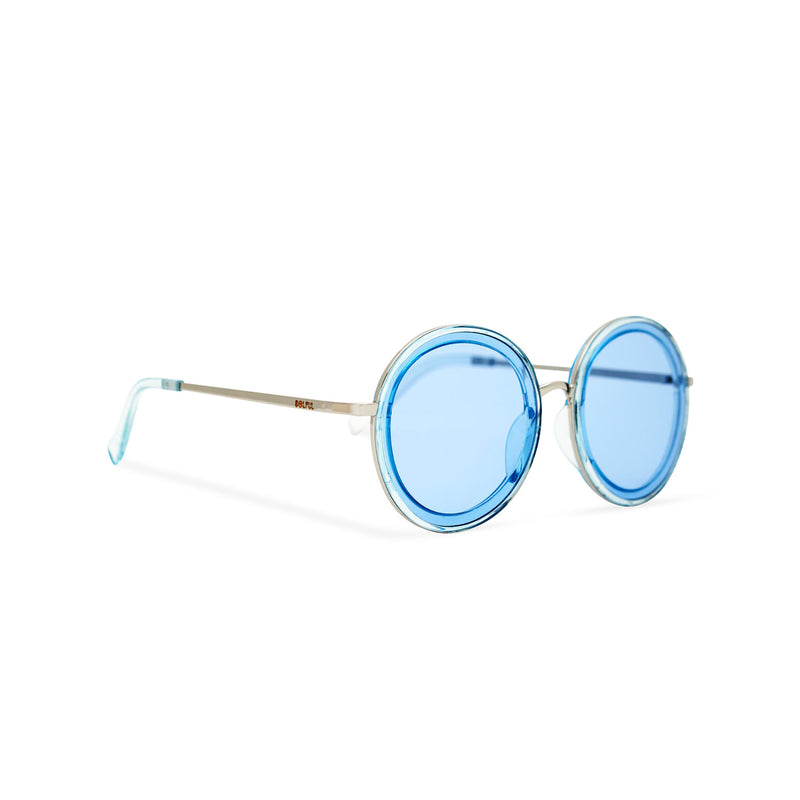 Side of view BUBBLE sunglasses by SOLFUL Ibiza, unisex big blue round plastic design