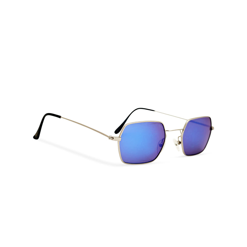 Angle shot JOKER Small blue hexagonal sunglasses with gold metal frame for women and men unisex