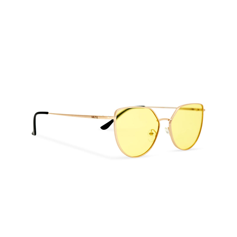 Women gold cat eye sunglasses with yellow transparent lens SOLLY by SOLFUL Ibiza side view
