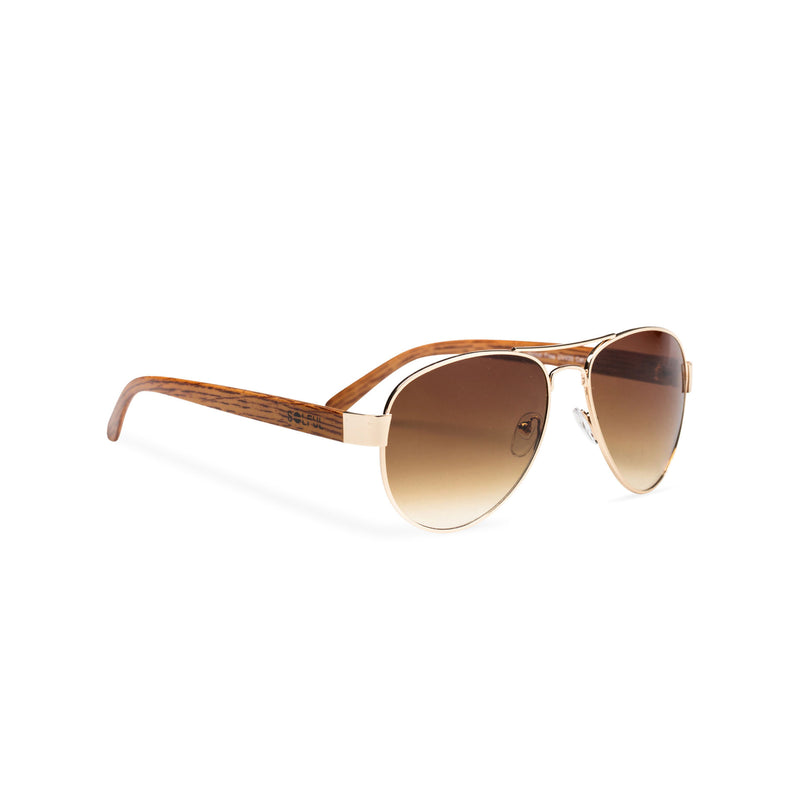 Wood like and gold metal frame sunglasses with brown lens Ibiza style side view