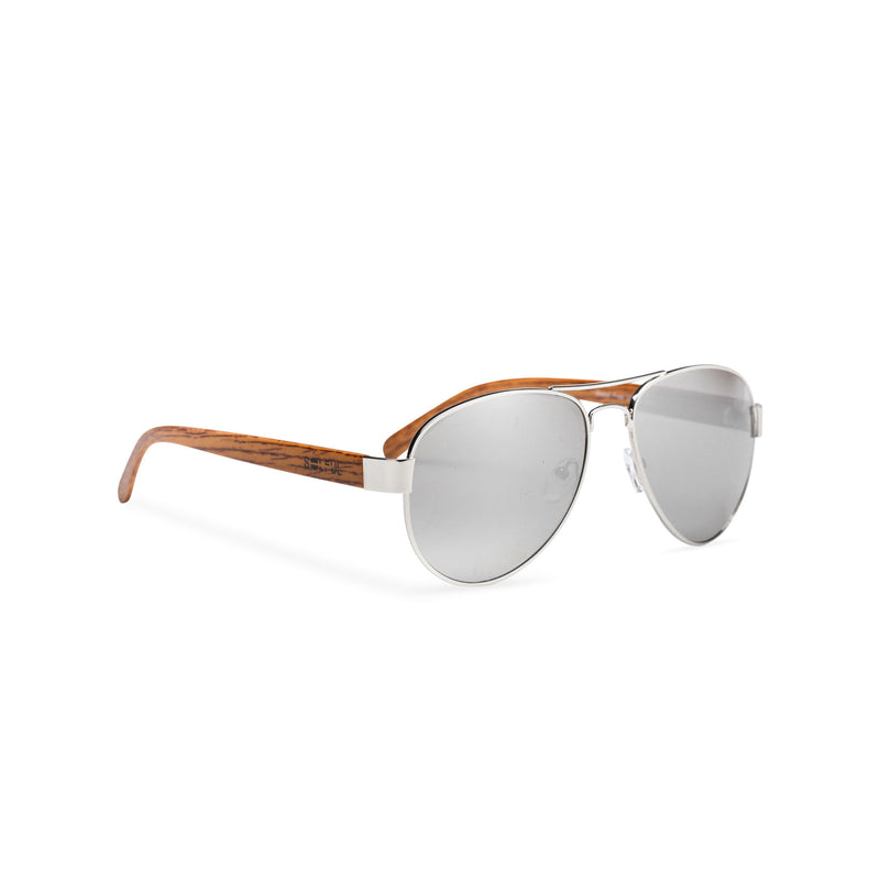 Wood like and silver metal frame sunglasses with brown grey lens Ibiza style side view