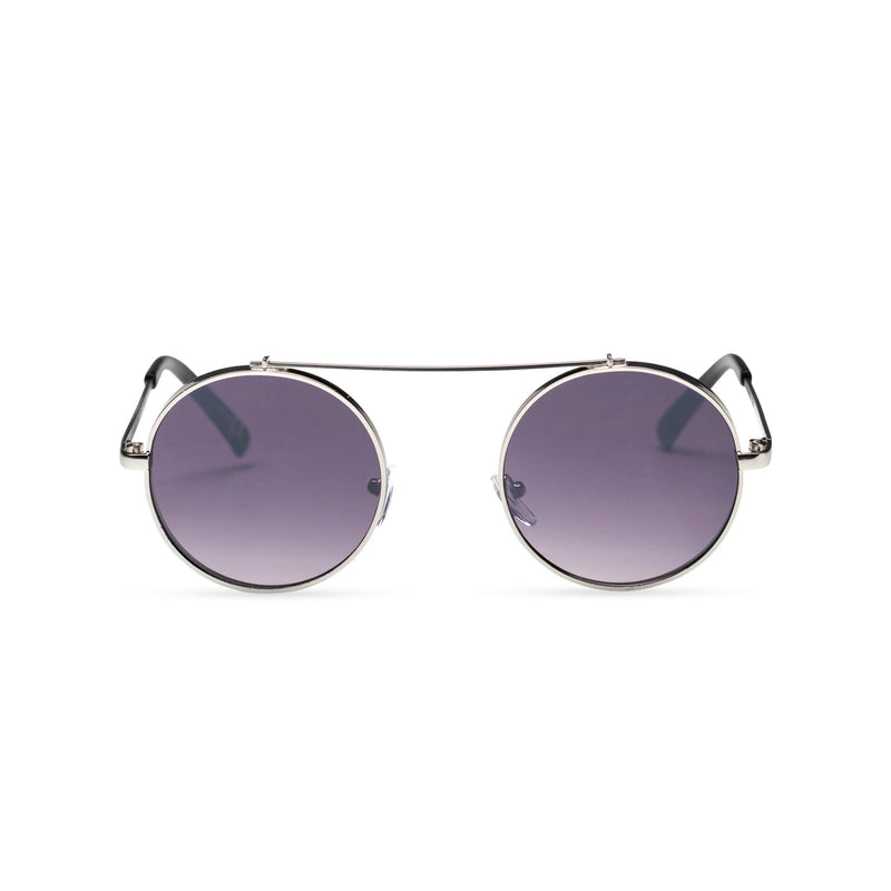 dark violet frame round metal medium steampunk sunglasses with tiny shield