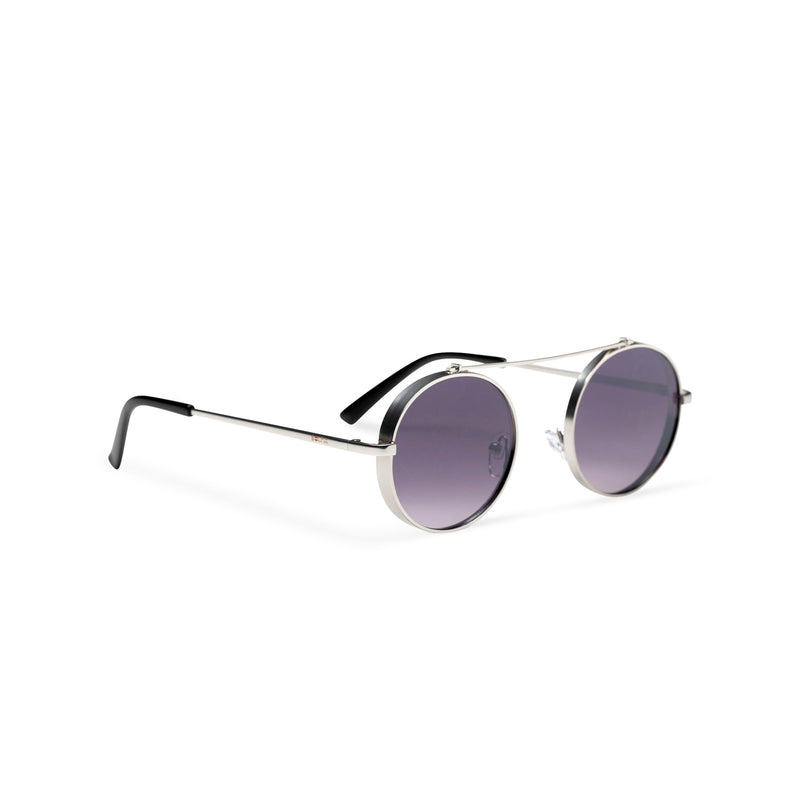 side dark violet frame round metal medium steampunk sunglasses with tiny shield