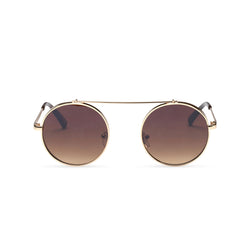 gold frame round metal medium steampunk sunglasses with tiny shield