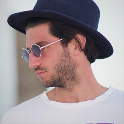 Men wearing diamond shape rectangle sunglasses metal frame UV 400 blue lens SOLFUL Ibiza JOSEP 