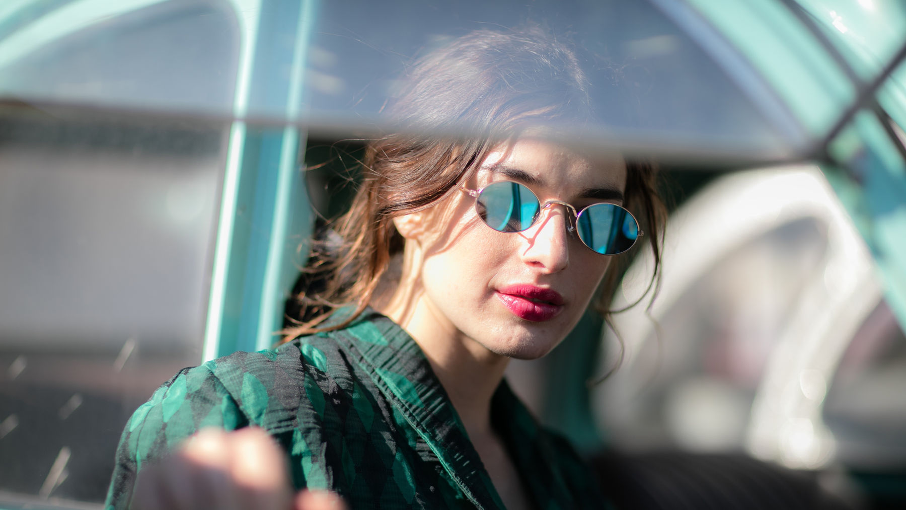 womam wear SOLFUL Ibiza small oval teashade sunglasses UV 400 free delivery from Ibiza