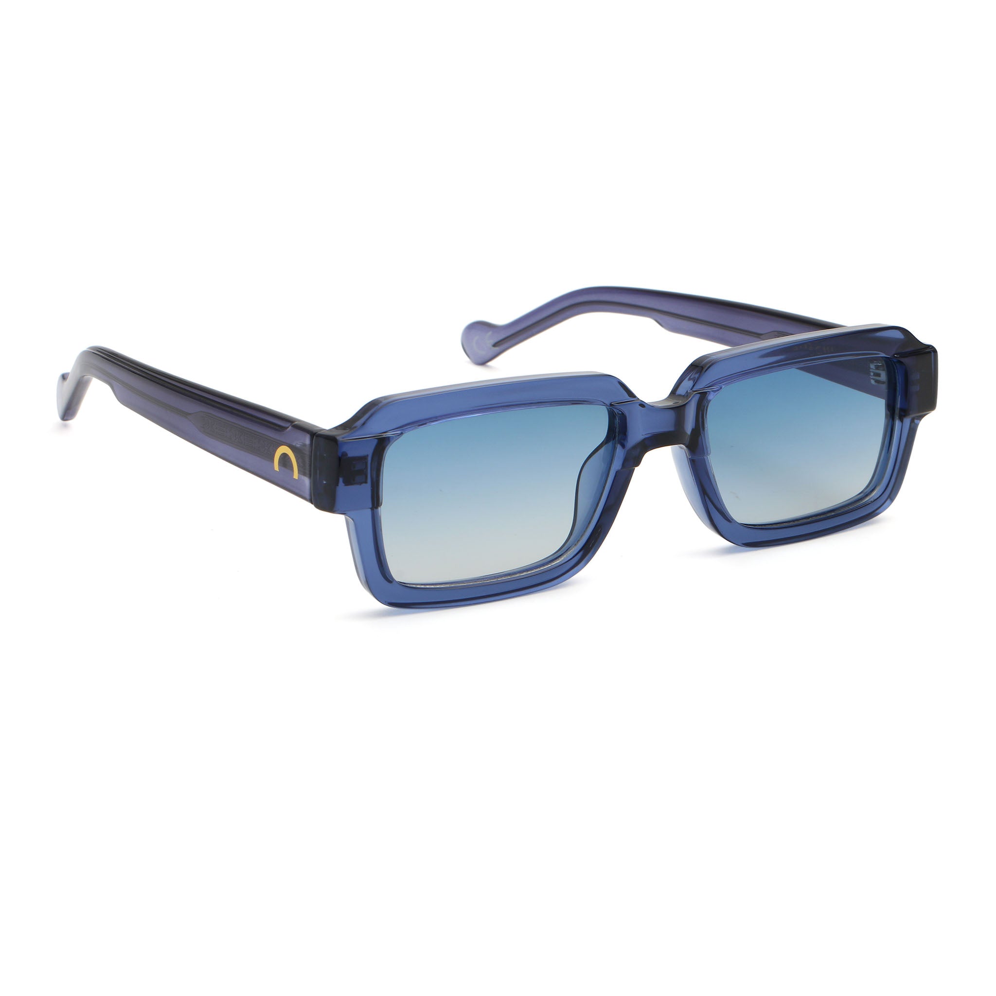 Blue sunglasses with a gradient lens on a white background
