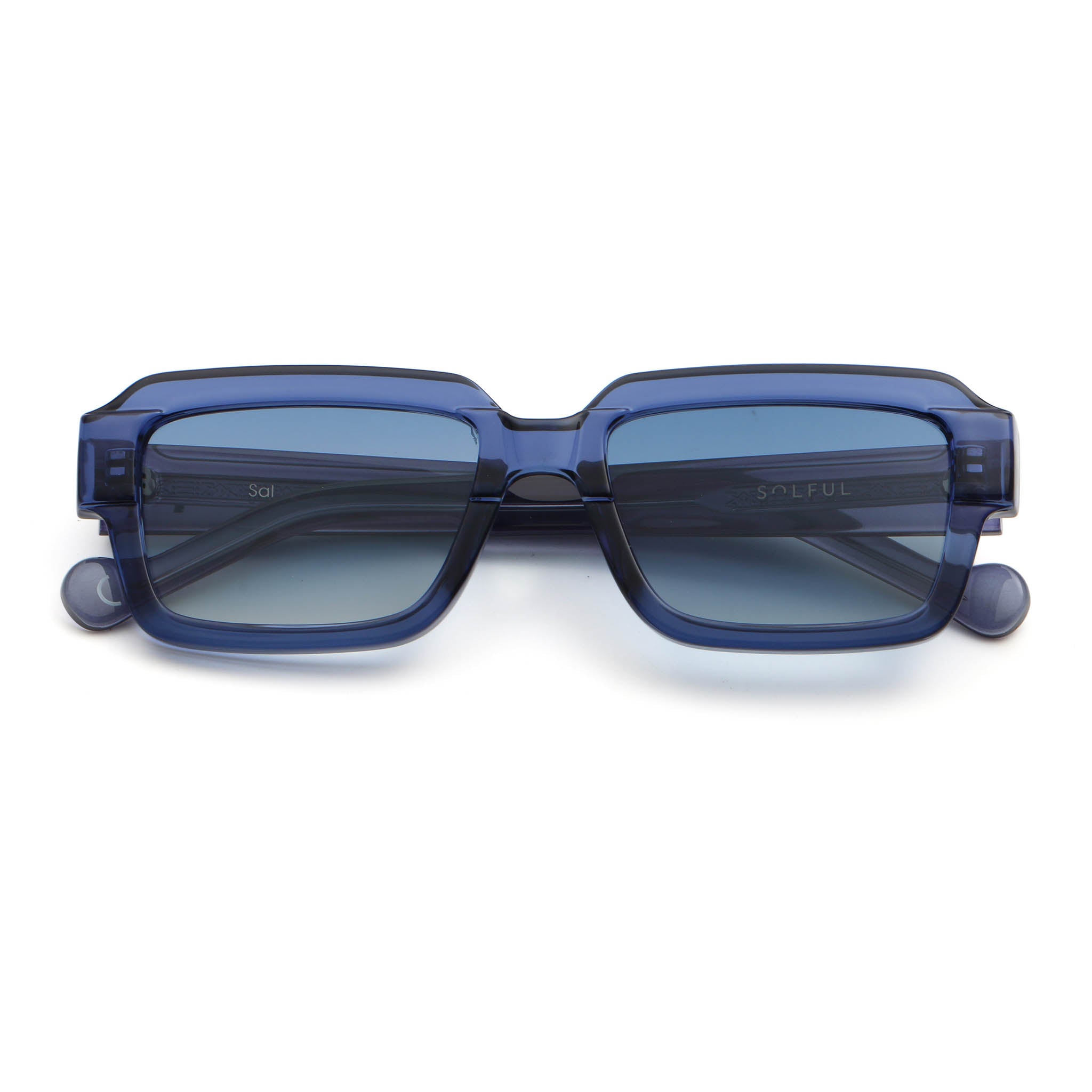 Blue sunglasses with gradient lenses on a white background