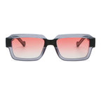 Sunglasses with black frame and pink gradient lenses on a white background