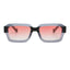 Sunglasses with black frame and pink gradient lenses on a white background