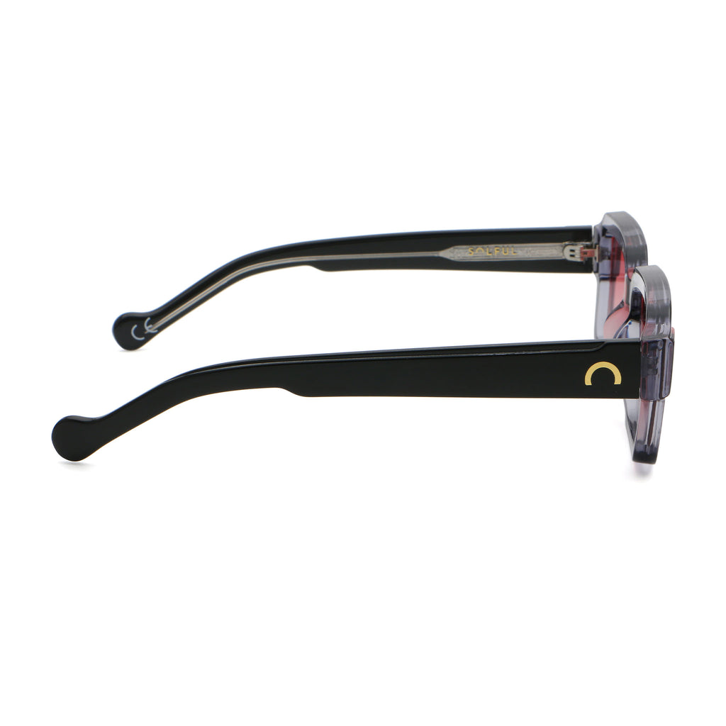 Black eyeglasses with a visible brand logo on a white background