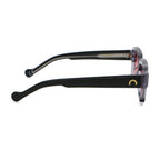 Black eyeglasses with a visible brand logo on a white background