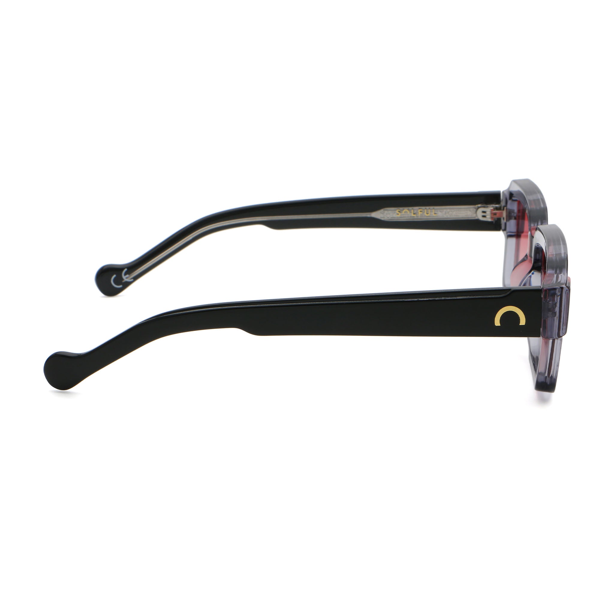 Black eyeglasses with a visible brand logo on a white background