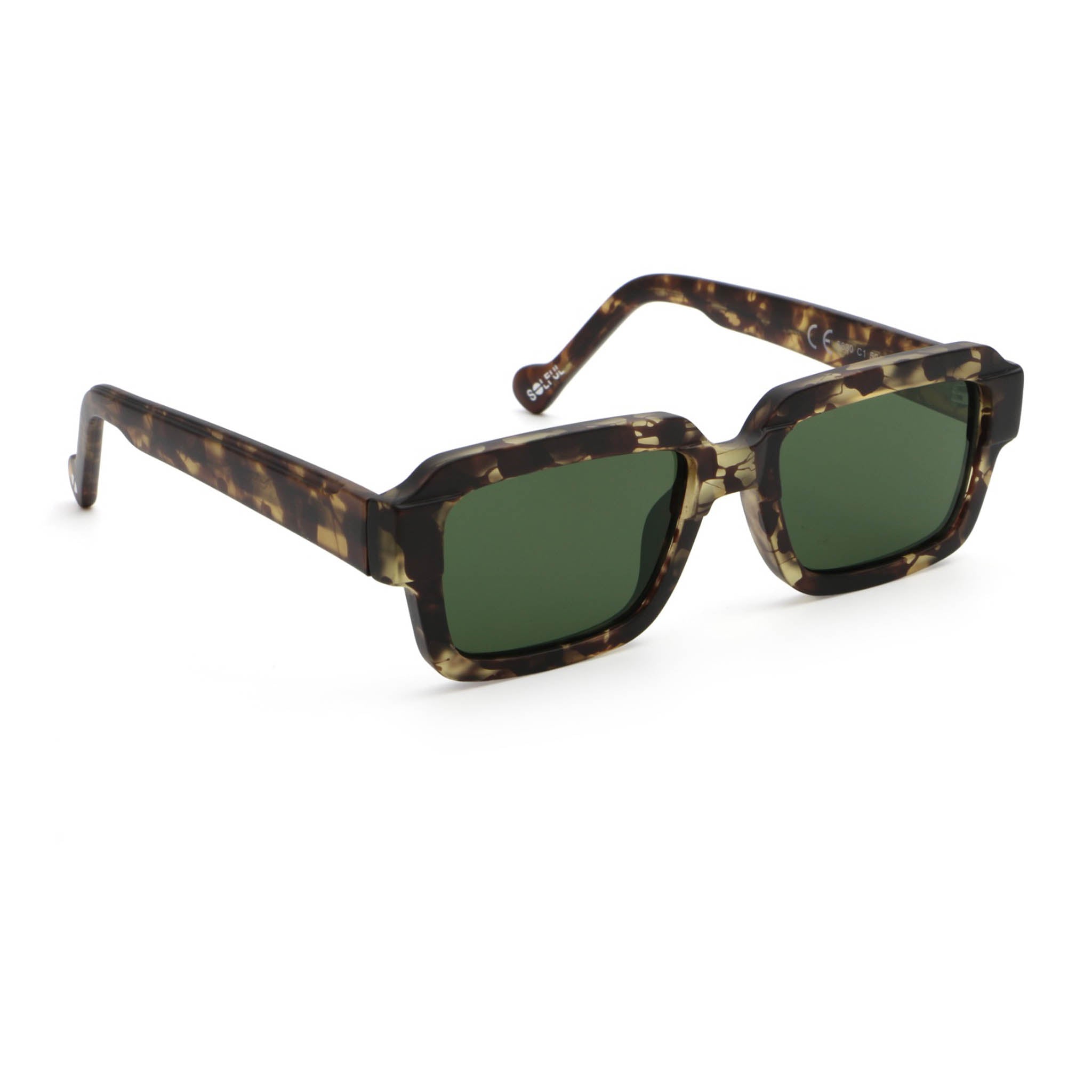 Sunglasses with tortoiseshell frame and green lenses on a white background