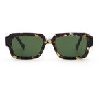 Sunglasses with tortoiseshell frame and green lenses on a white background