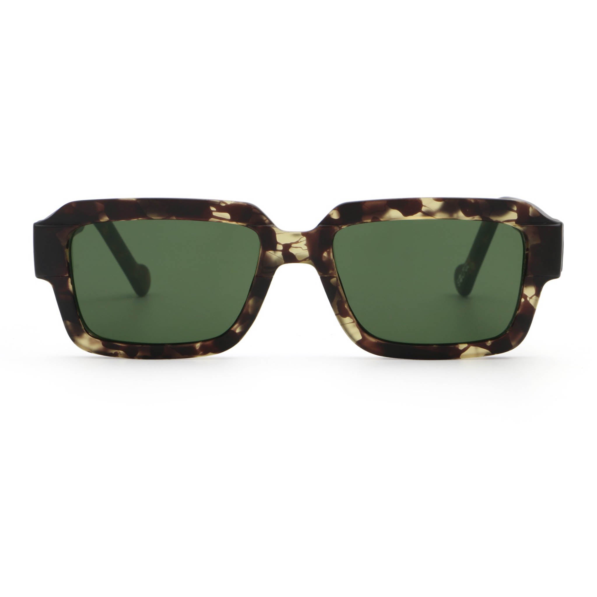 Sunglasses with tortoiseshell frame and green lenses on a white background
