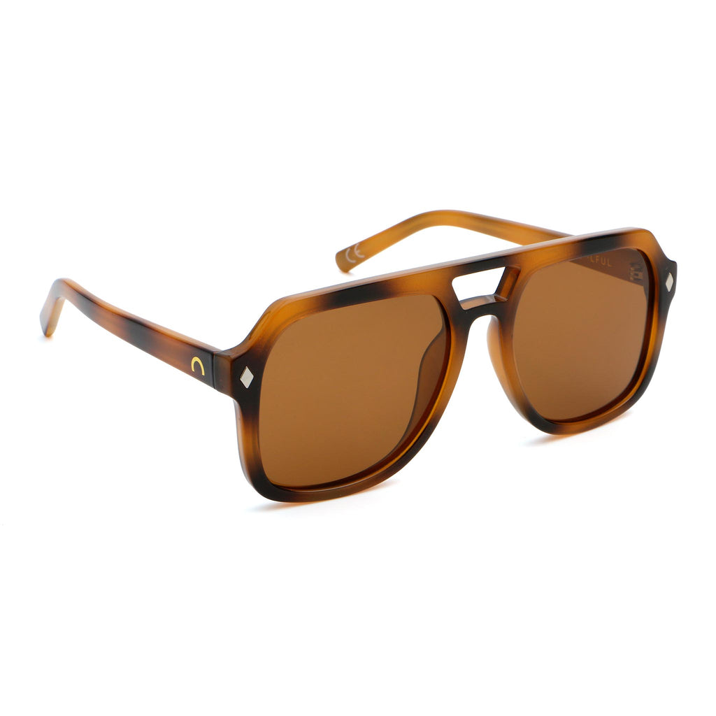 Brown sunglasses with tortoiseshell frame on a white background