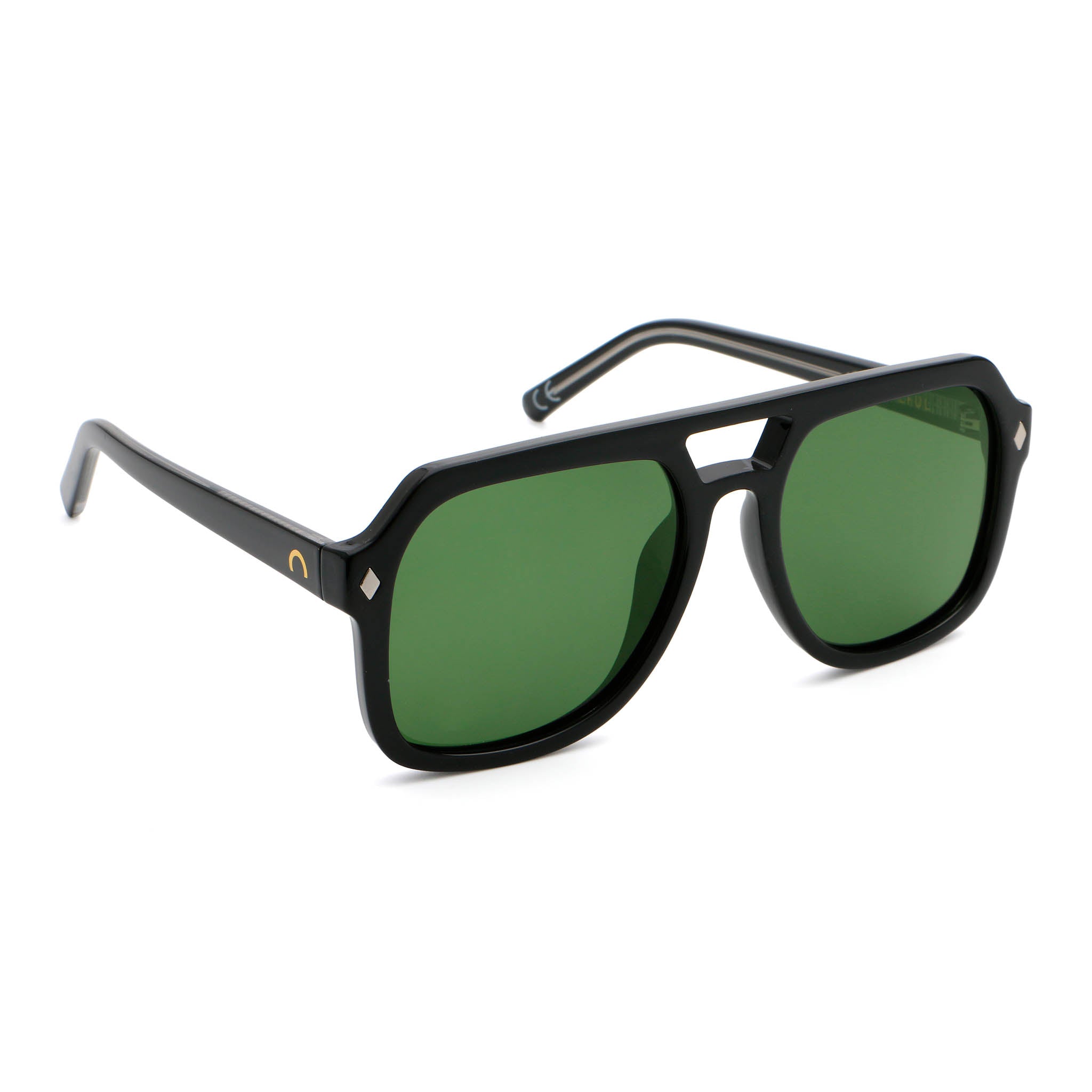 Black sunglasses with green lenses on a white background