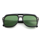 Black sunglasses with green lenses on a white background