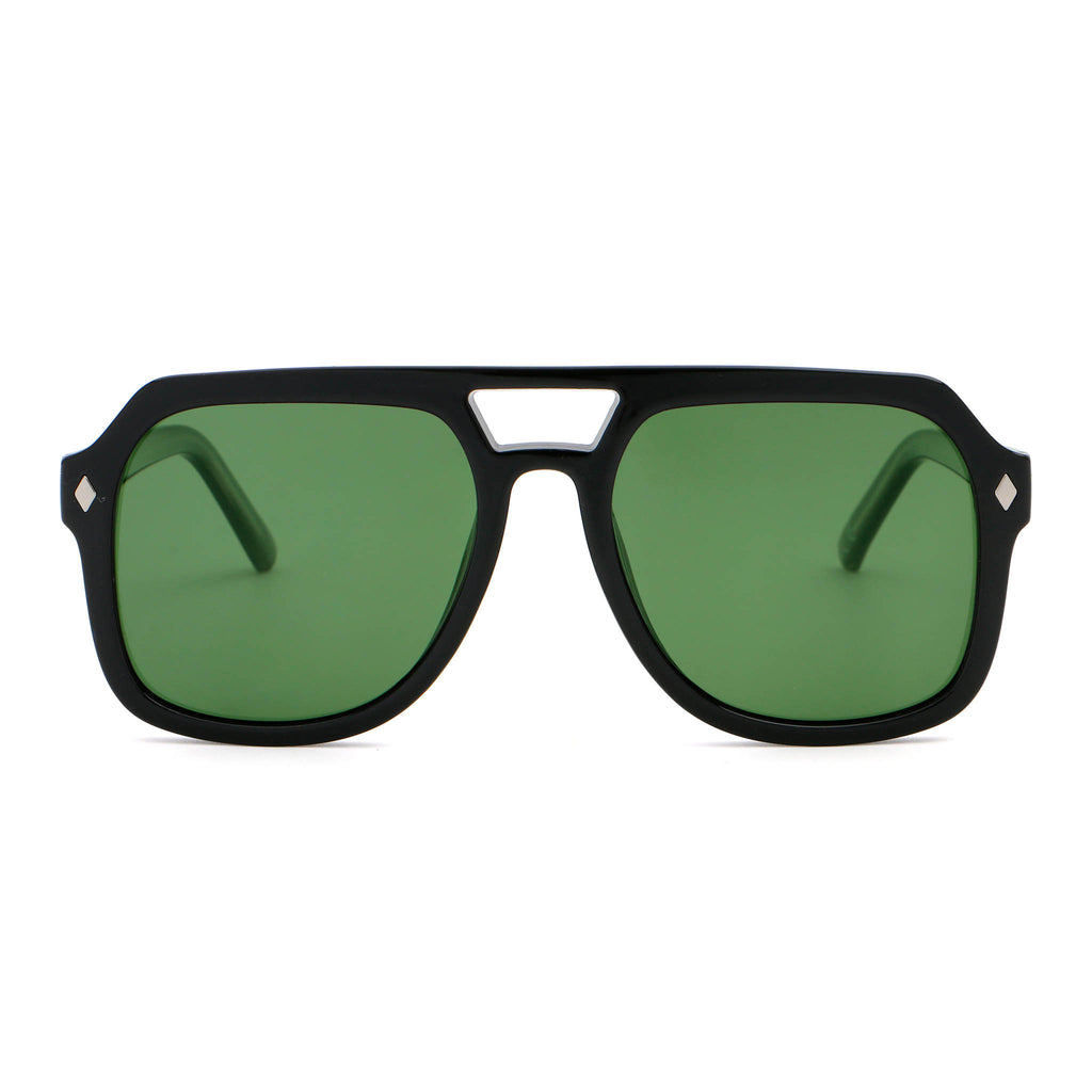 Black sunglasses with green lenses on a white background