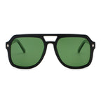Black sunglasses with green lenses on a white background