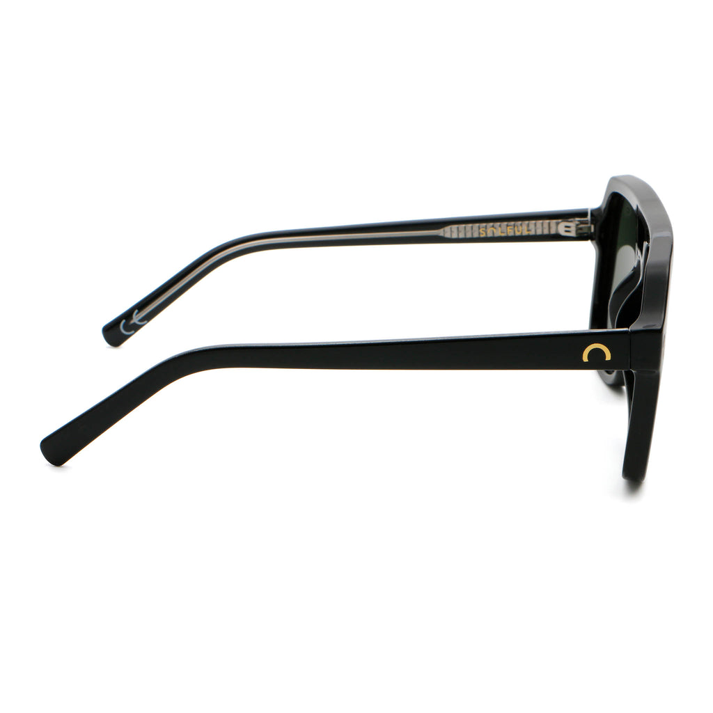 Black sunglasses with a gold logo on a white background