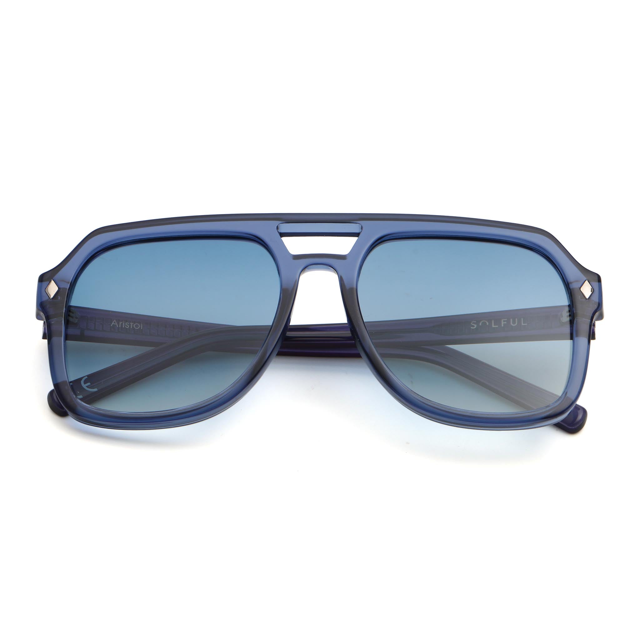 Blue sunglasses with a white background