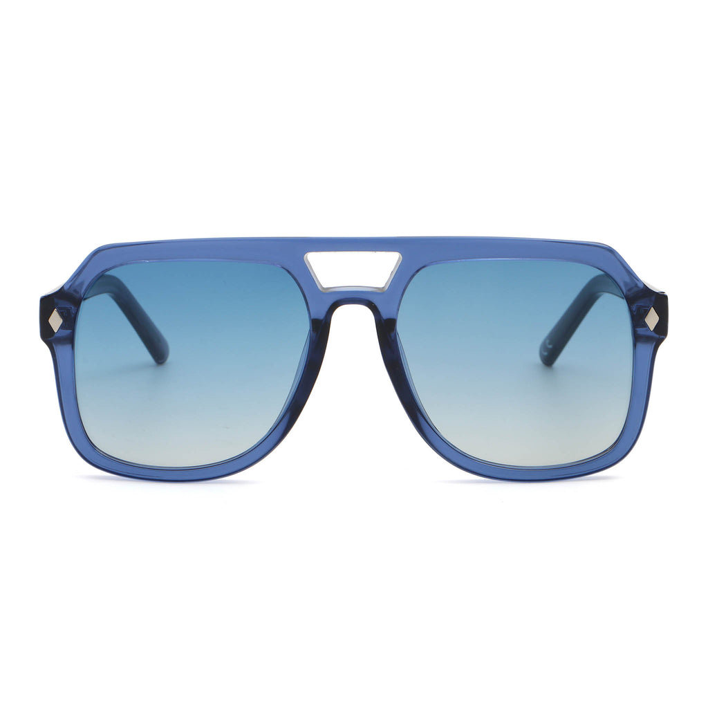 Blue sunglasses with a gradient effect on a white background