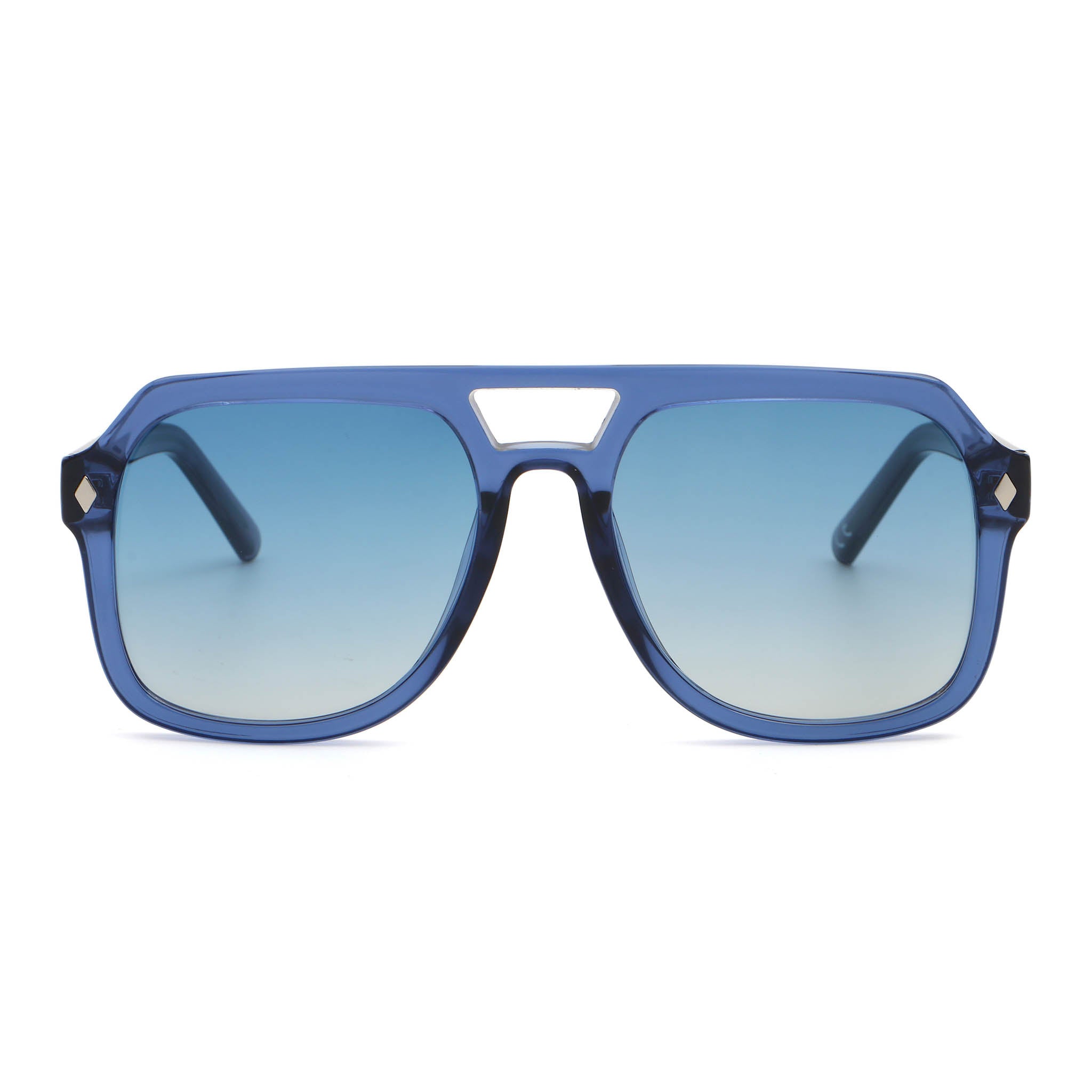 Blue sunglasses with a gradient effect on a white background