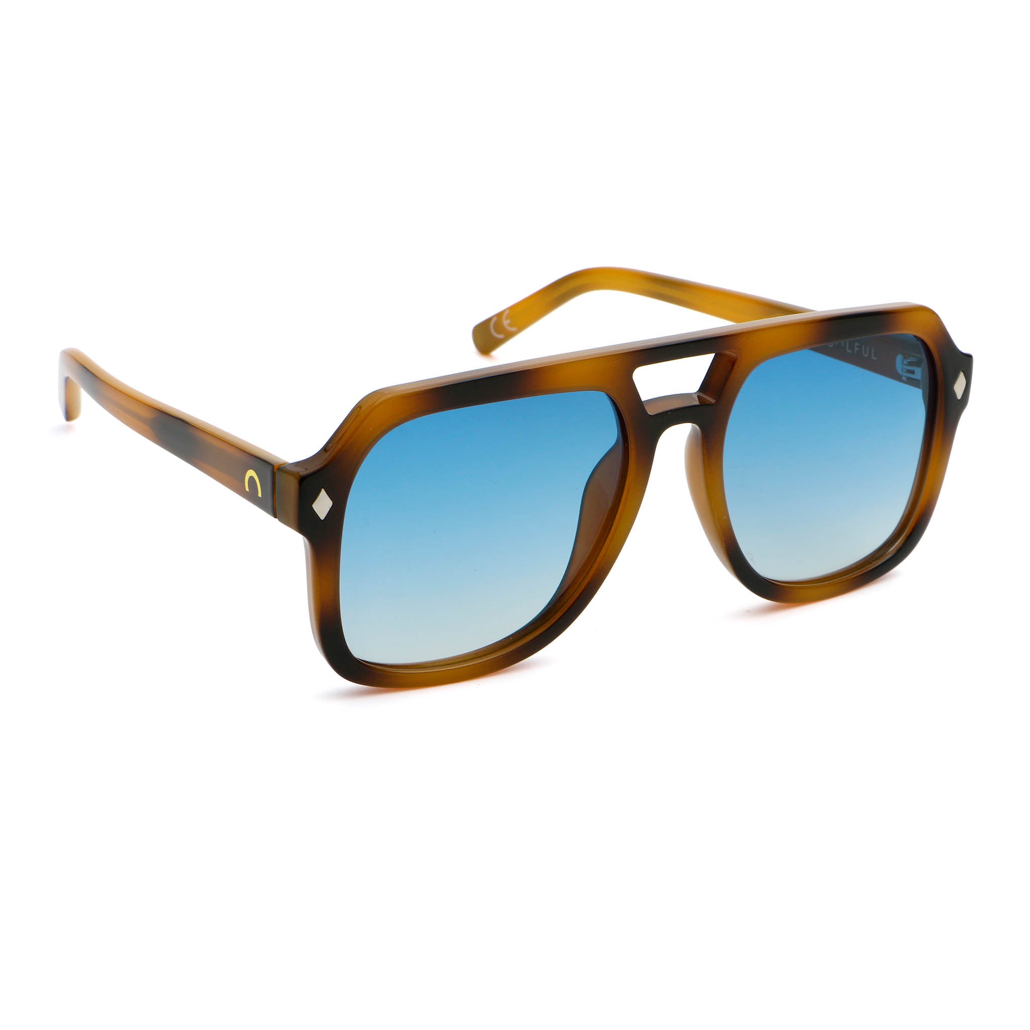 Sunglasses with tortoiseshell frame and blue gradient lenses on a white background