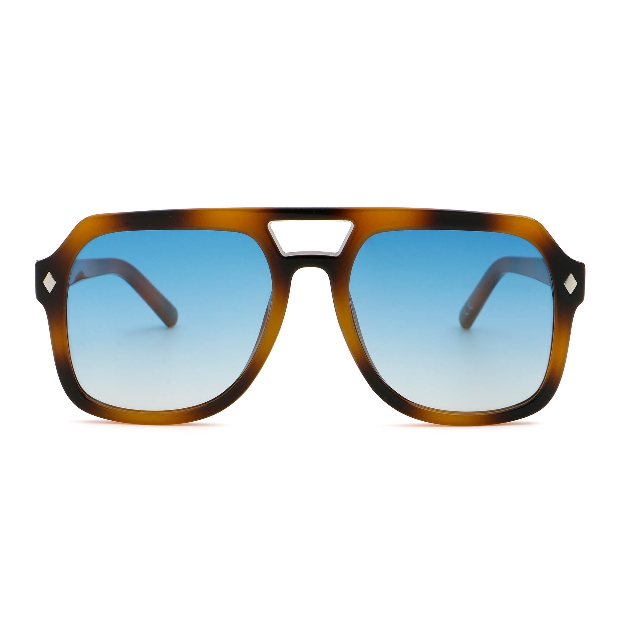 Sunglasses with tortoiseshell frame and blue lenses on a white background Main image