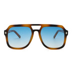 Sunglasses with tortoiseshell frame and blue lenses on a white background