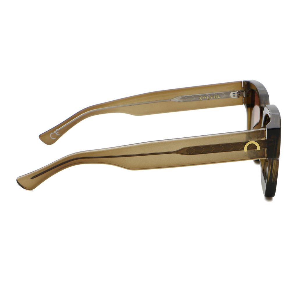 Sunglasses with a brown frame and dark lenses on a white background