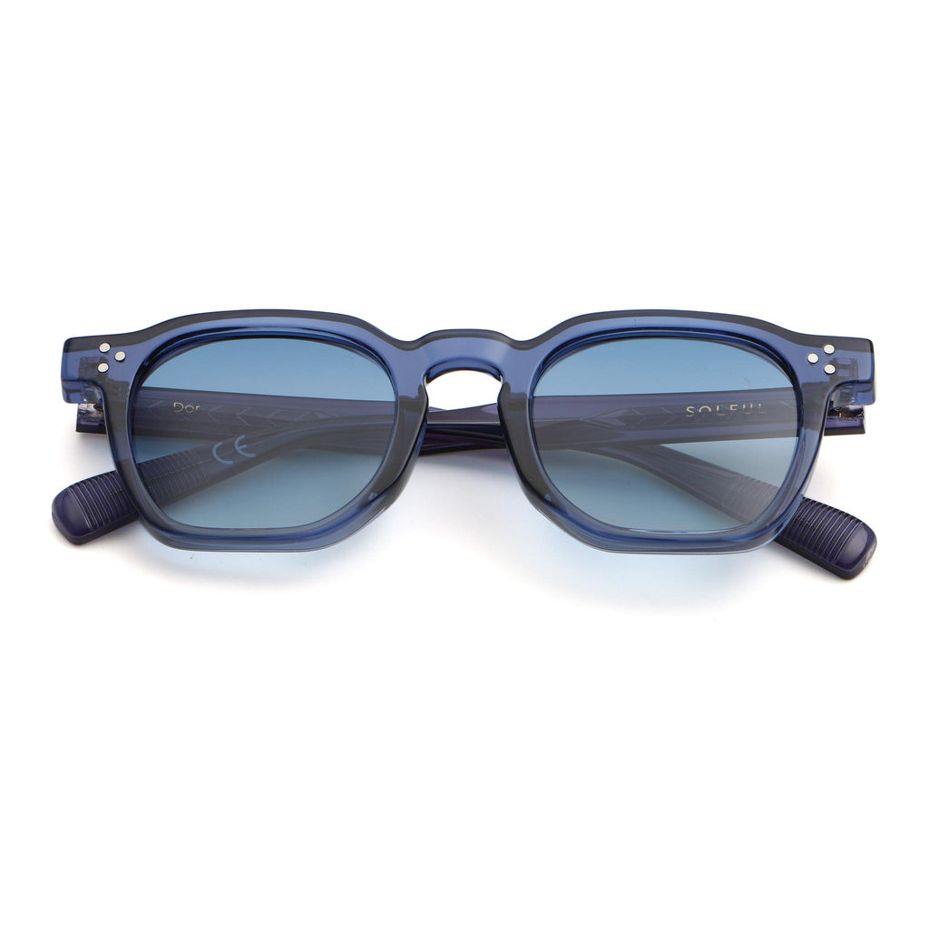 Blue sunglasses with a white background