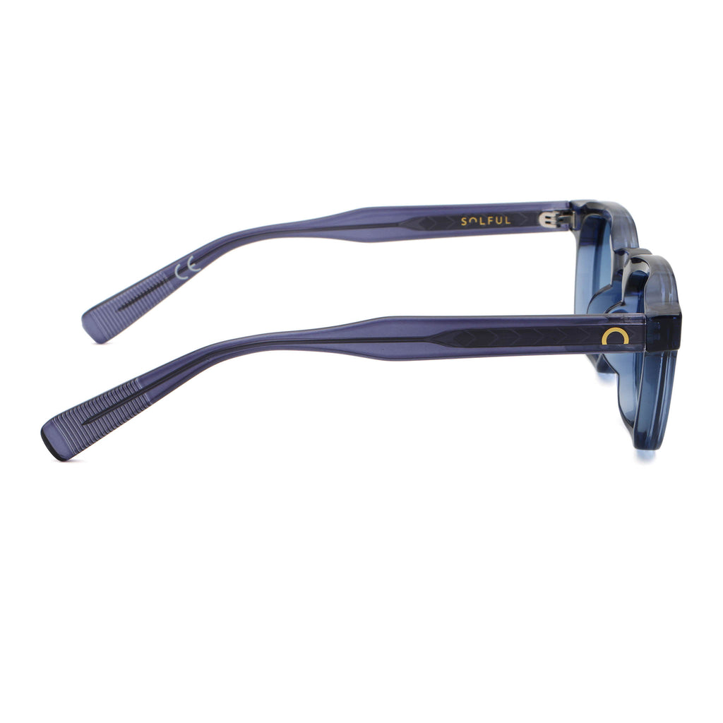 Blue sunglasses with a brand logo on a white background