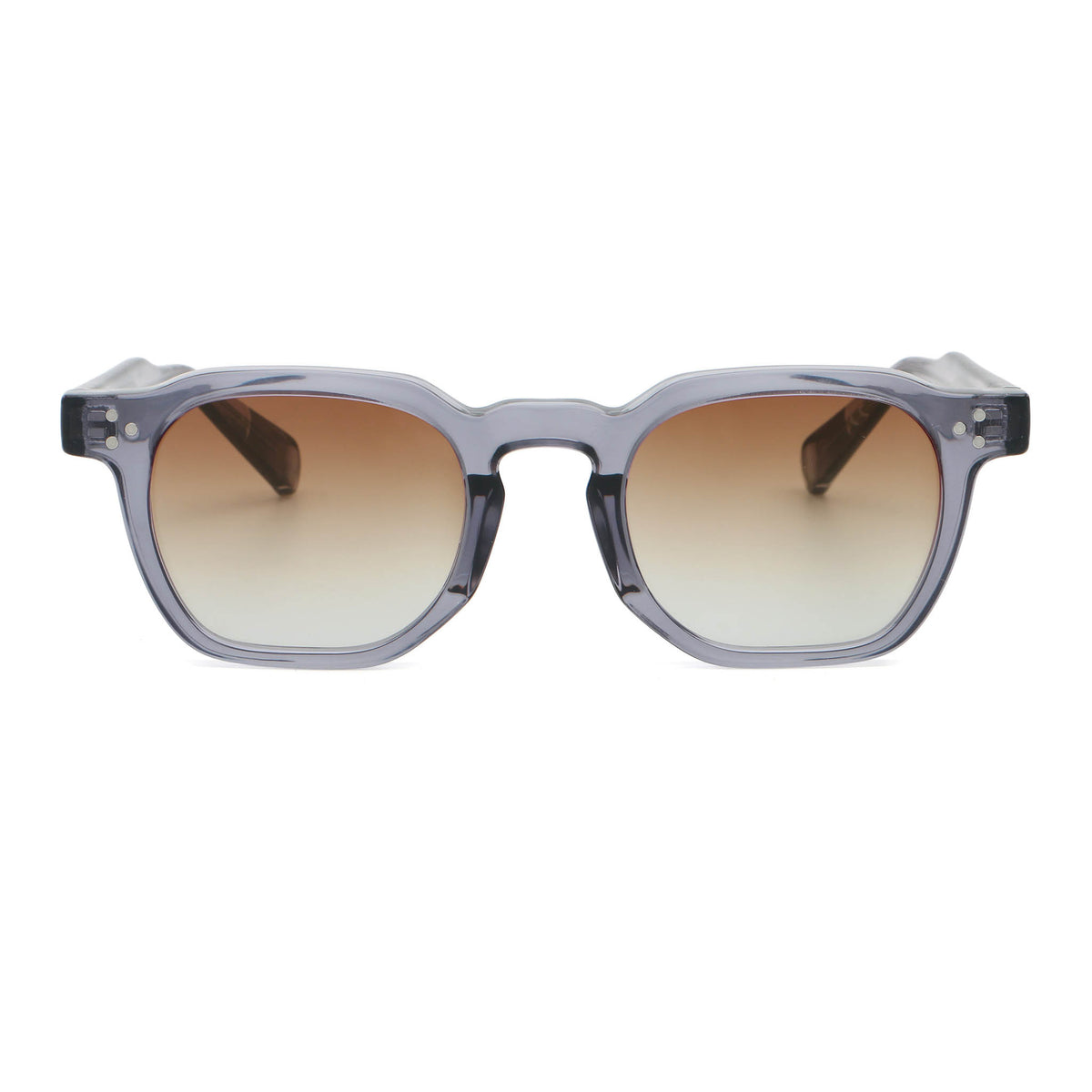 Sunglasses with a clear gray frame and and gradient pink lenses on a white background. Main image