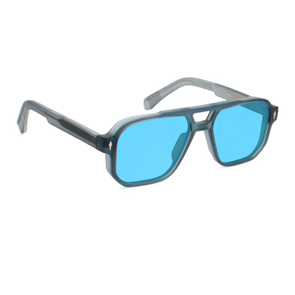 Sunglasses with blue lenses and blue frame on a white background