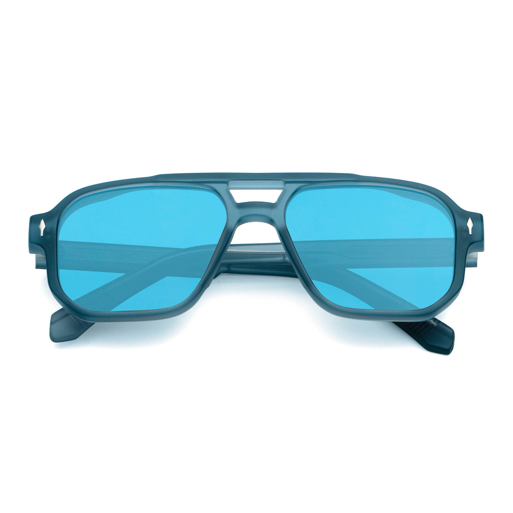 Blue sunglasses with a blue lens on a white background