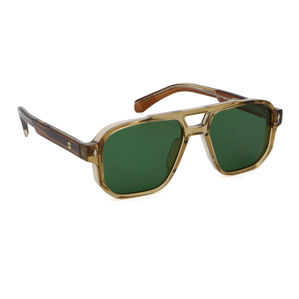 Sunglasses with brown frame and green lenses on a white background