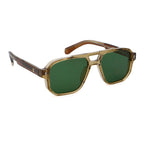 Sunglasses with brown frame and green lenses on a white background