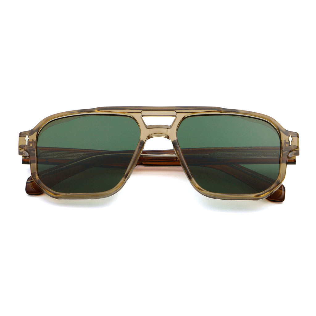 Sunglasses with brown frame and green lenses on a white background