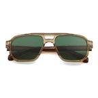 Sunglasses with brown frame and green lenses on a white background