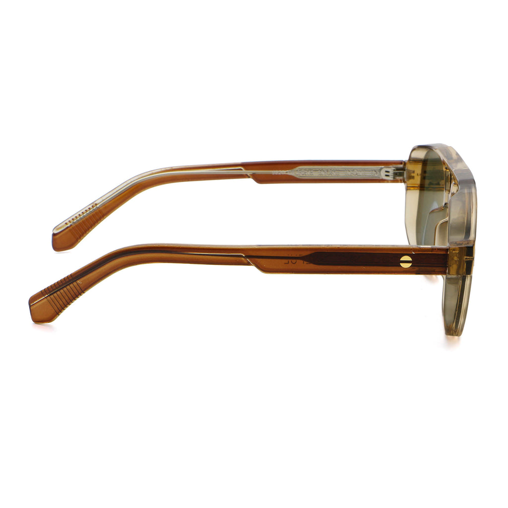 Sunglasses with brown frame and green lenses on a white background